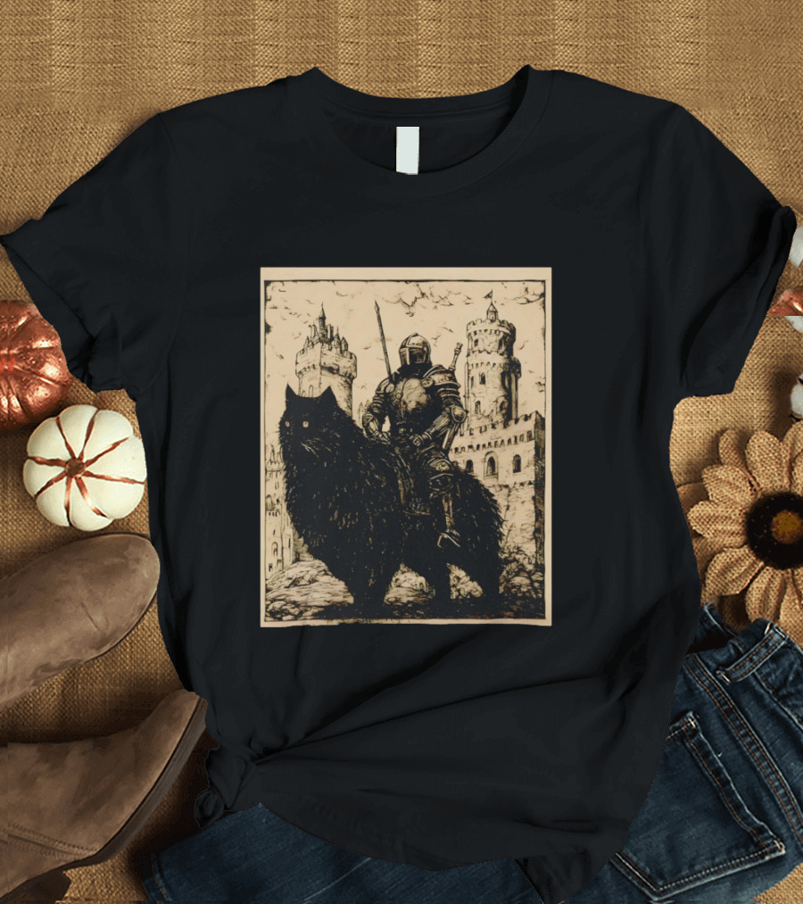 Knight Riding Giant Cat In Medieval Fantasy Castle Scene T-Shirt