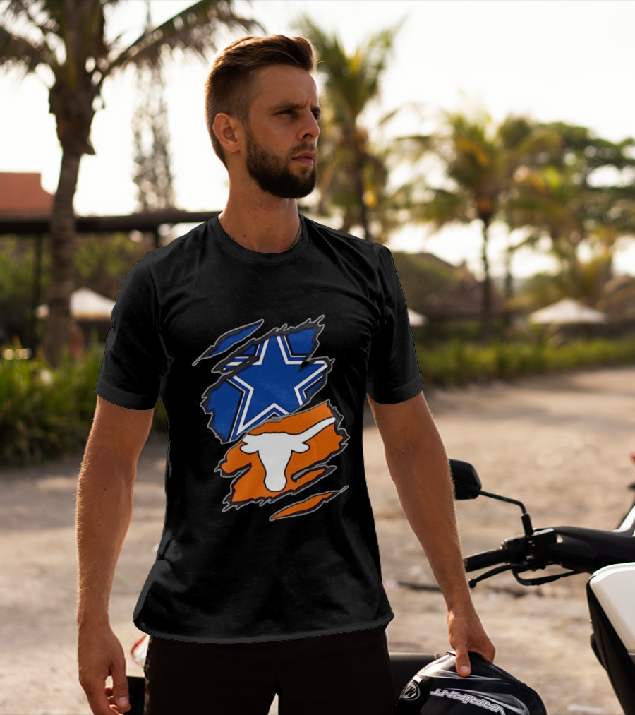 Dallas Cowboys Texas Longhorns Two Teams One Heart Scratch Torn Star Helmet T-Shirt