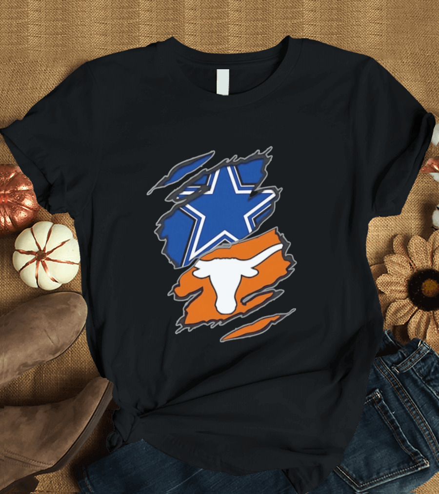 Dallas Cowboys Texas Longhorns Two Teams One Heart Scratch Torn Star Helmet T-Shirt