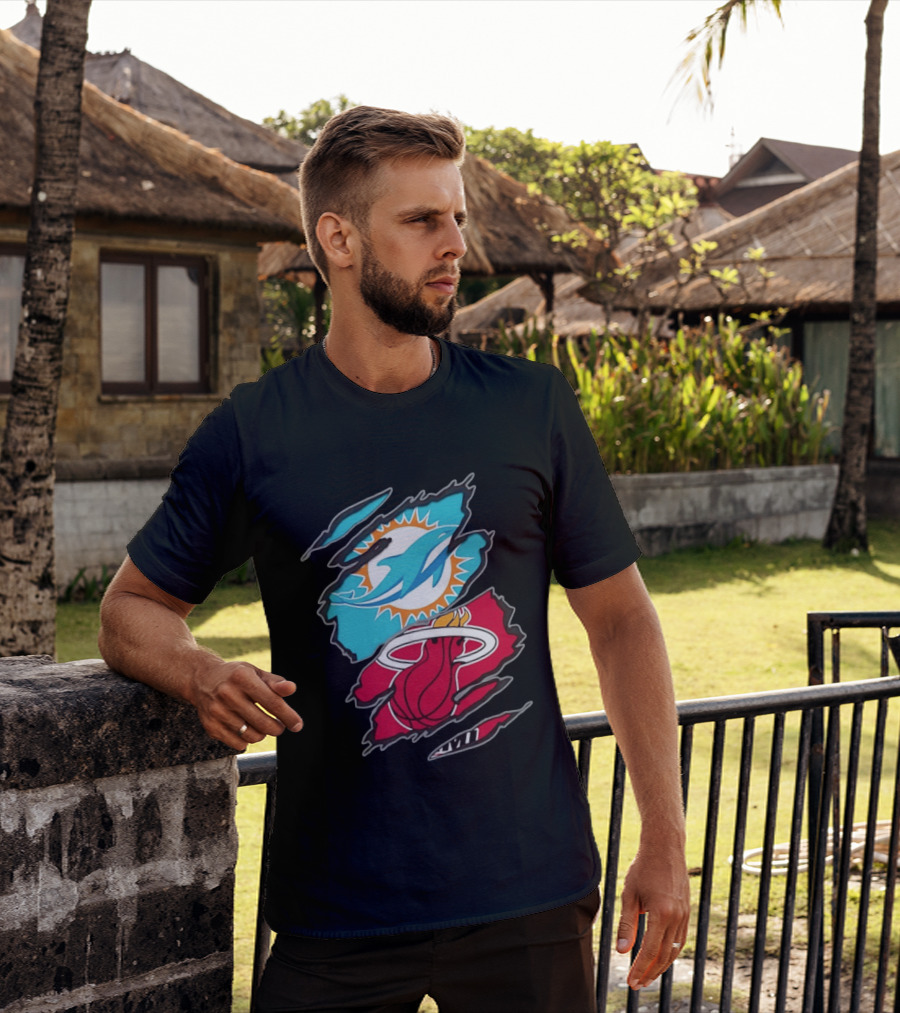 Miami Dolphins Miami Heat Two Teams One Heart Scratch T-Shirt