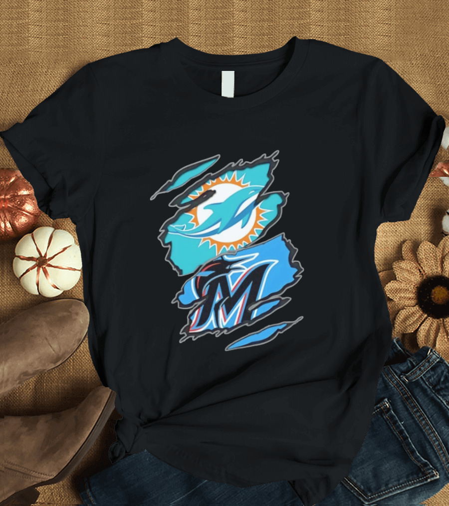 Miami Dolphins Miami Marlins Two Teams One Heart Scratch Marks T-Shirt