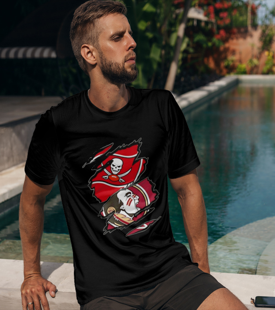 Tampa Bay Buccaneers And Florida State Seminoles Two Teams One Heart Scratch Skull Flag Warrior Face T-Shirt