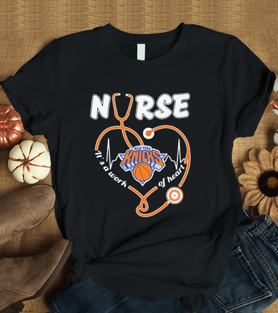 New York Knicks Nurse Stethoscope Heartbeat It's A Work Of Heart T-Shirt