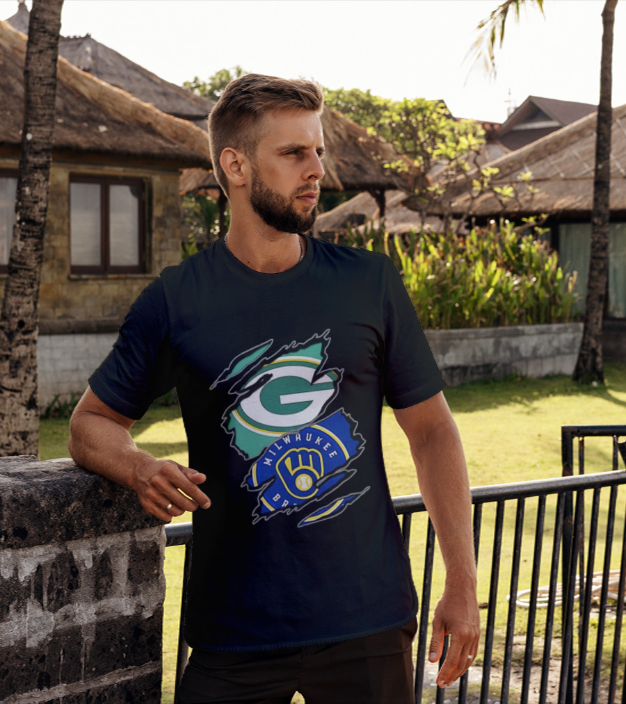 Green Bay Packers Milwaukee Brewers Two Teams One Heart Scratch T-Shirt