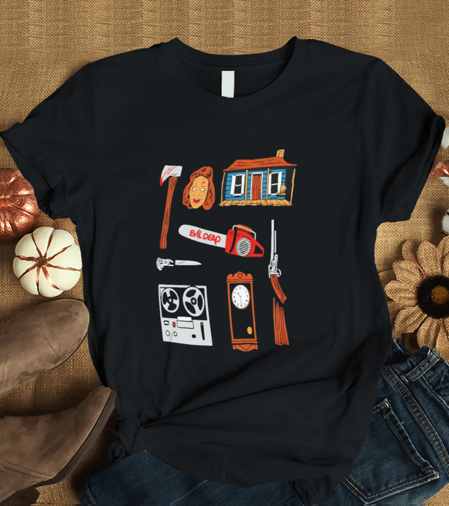 Evil Dead Horror Collage Chainsaw Cabin Axe Ash Williams T-Shirt