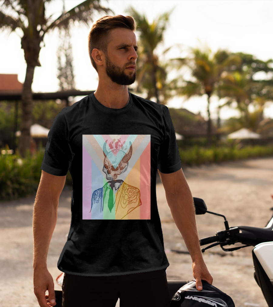 Horned Devil Skull Suit Pride Flag Surrealism Abstract Colorful T-Shirt