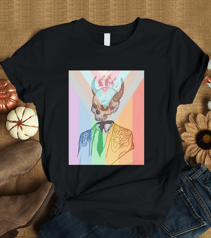 Horned Devil Skull Suit Pride Flag Surrealism Abstract Colorful T-Shirt