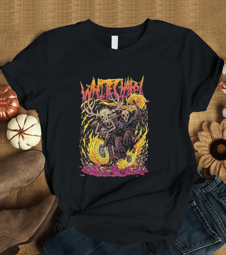 Whitechapel Bikers Skeleton Motorcycle Fire Scene T-Shirt