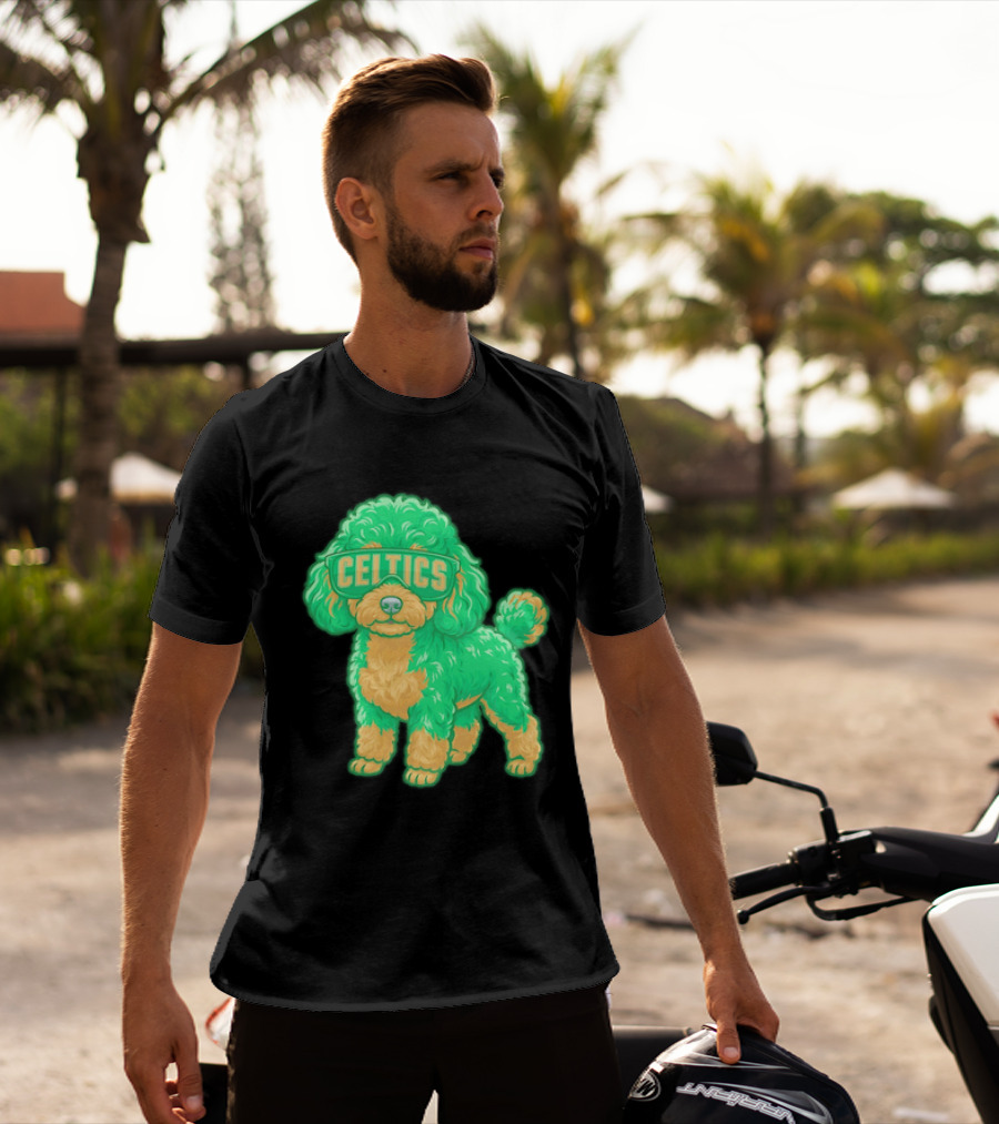Boston Celtics Teacup Poodle Cartoon With Celtics Sunglasses T-Shirt