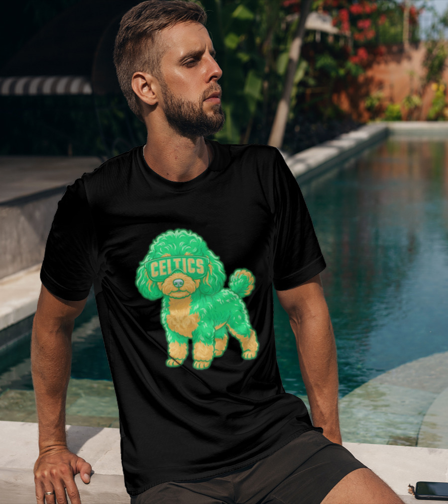 Boston Celtics Teacup Poodle Cartoon With Celtics Sunglasses T-Shirt