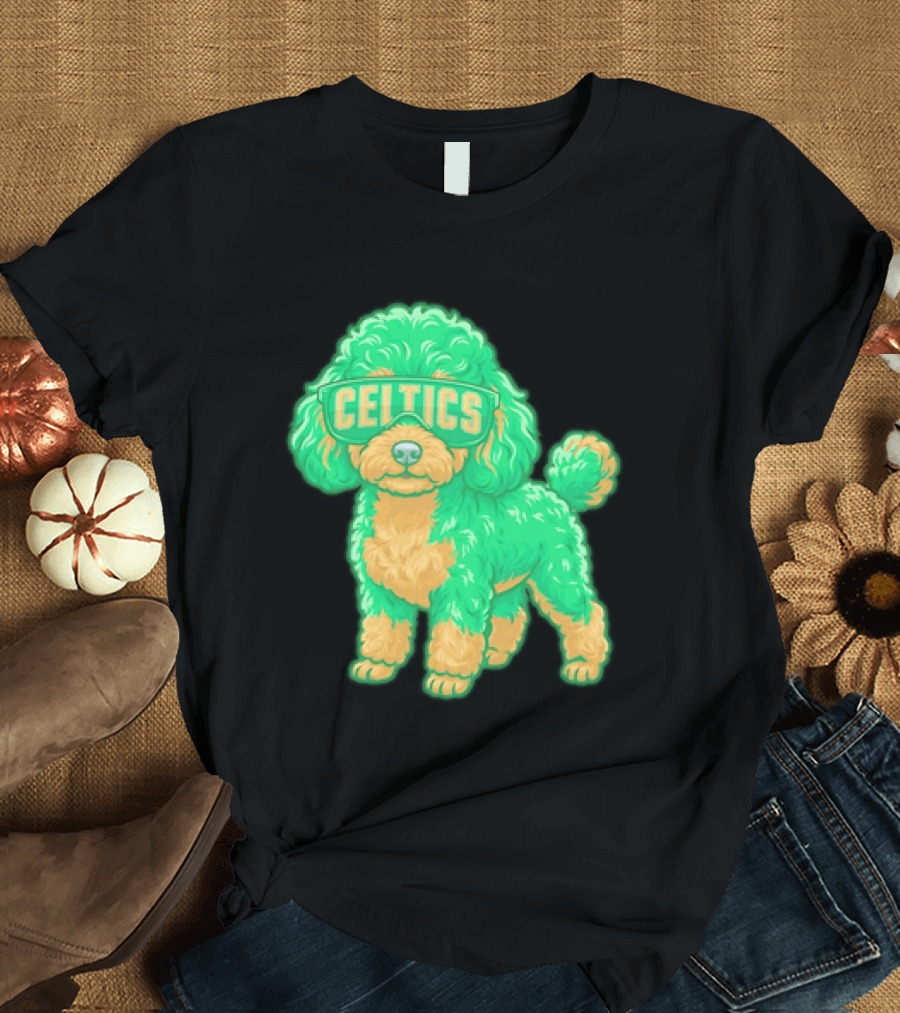 Boston Celtics Teacup Poodle Cartoon With Celtics Sunglasses T-Shirt