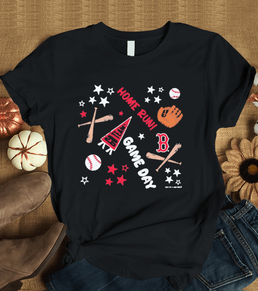 Boston Red Sox Home Run Game Day MLB Baseball Fenway Pennant And Bat Glove Stars T-Shirt