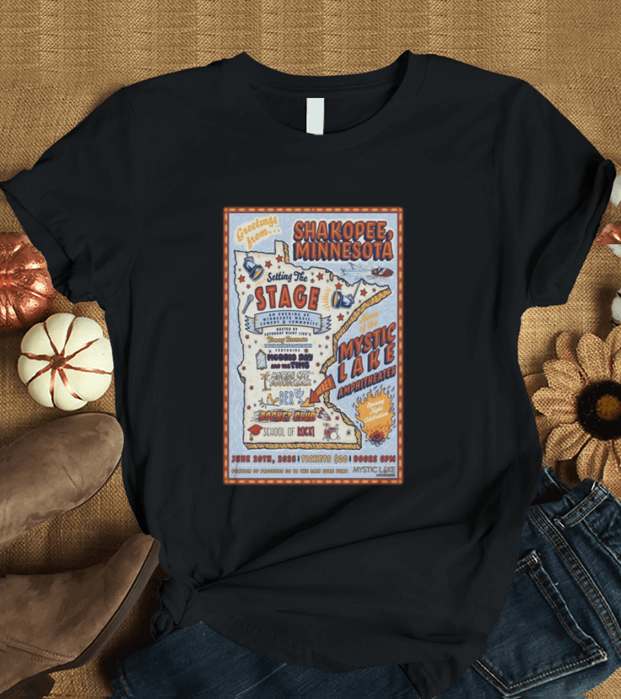 Greetings From Shakopee Minnesota Mystic Lake Amphitheater June 20 2026 Setting The Stage School Of Rock Band Event T-Shirt