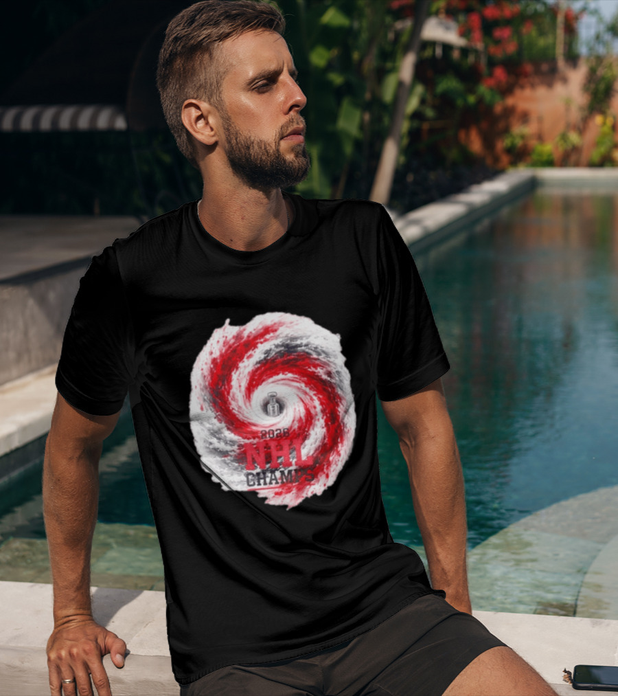 Carolina Hurricanes 2026 NHL Champs Storm With Hockey Trophy And Red Gray Swirl T-Shirt