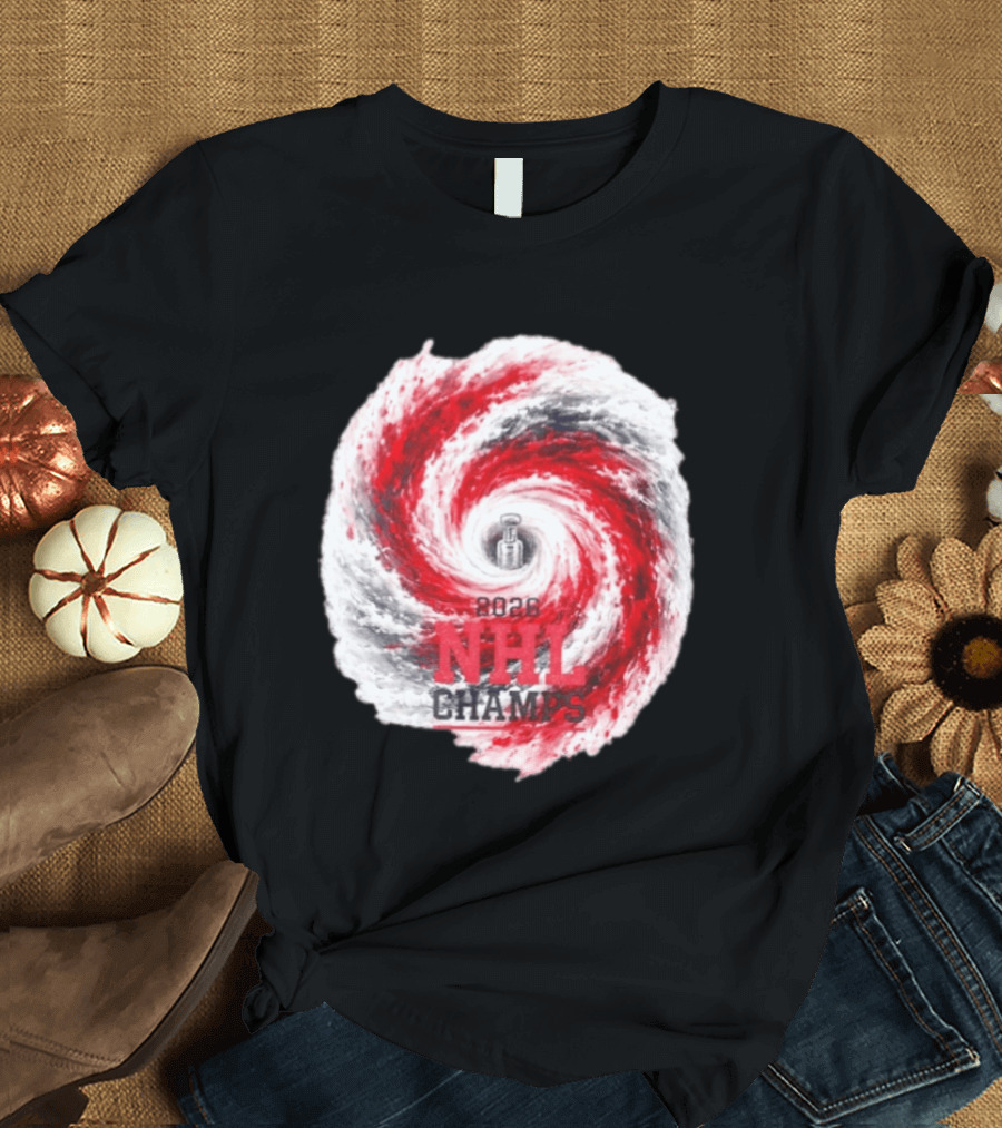Carolina Hurricanes 2026 NHL Champs Storm With Hockey Trophy And Red Gray Swirl T-Shirt