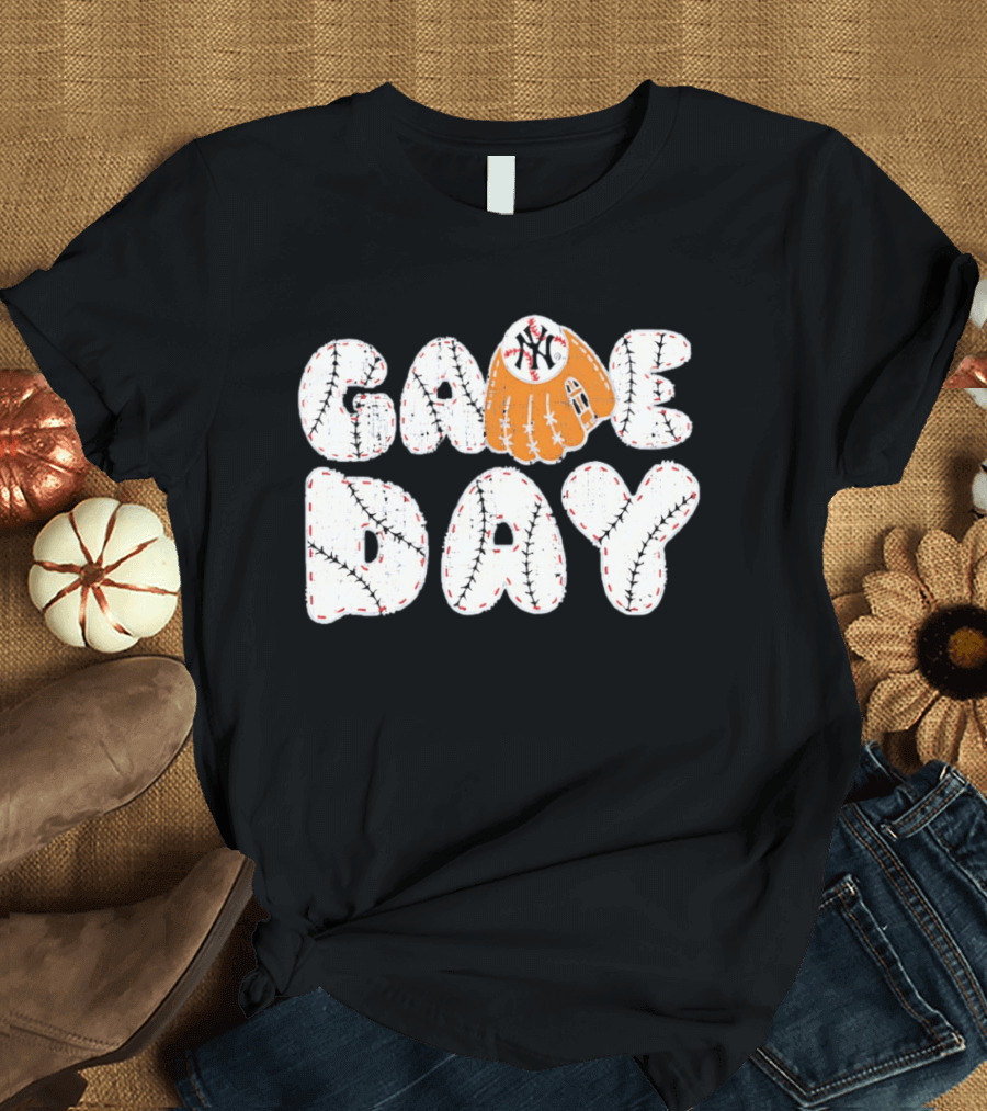 New York Yankees Game Day Baseball MLB NYY Glove And Ball Stitching T-Shirt