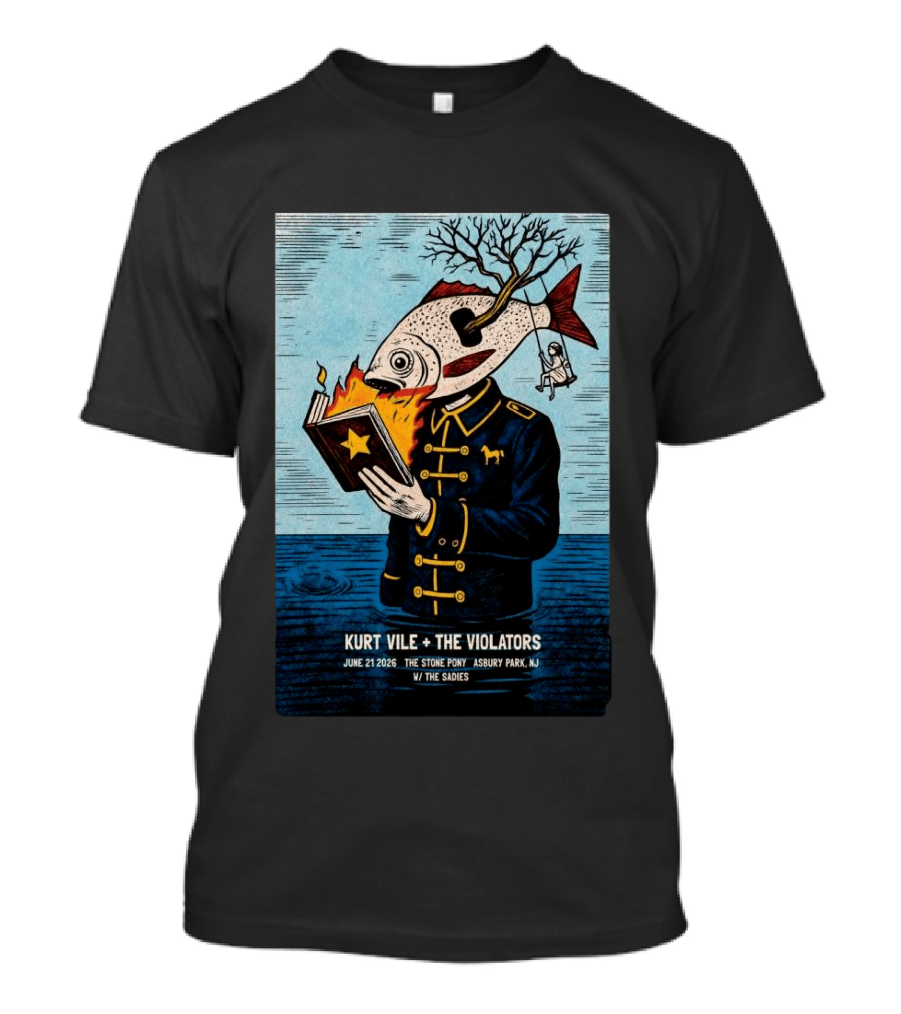 Kurt Vile + The Violators June 21 2026 Stone Pony Asbury Park NJ W/ The Sadies Surreal Fish Head Reading Book Burning Tree Swing T-Shirt