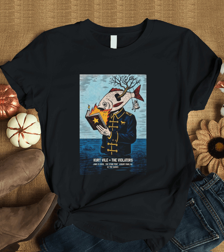 Kurt Vile + The Violators June 21 2026 Stone Pony Asbury Park NJ W/ The Sadies Surreal Fish Head Reading Book Burning Tree Swing T-Shirt