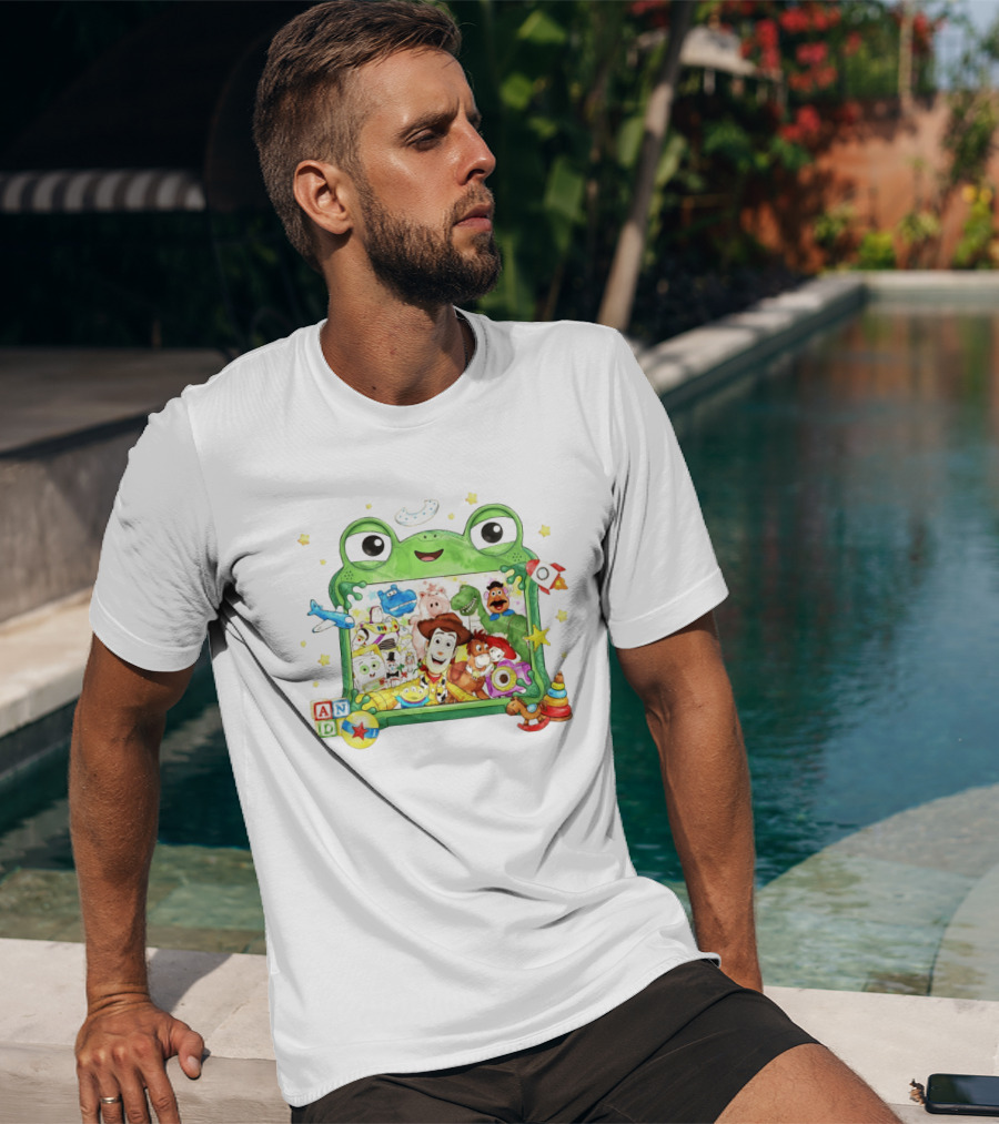 Woody And Buzz Lightyear Toy Story Characters Inside Frog Frame With Andy Blocks T-Shirt