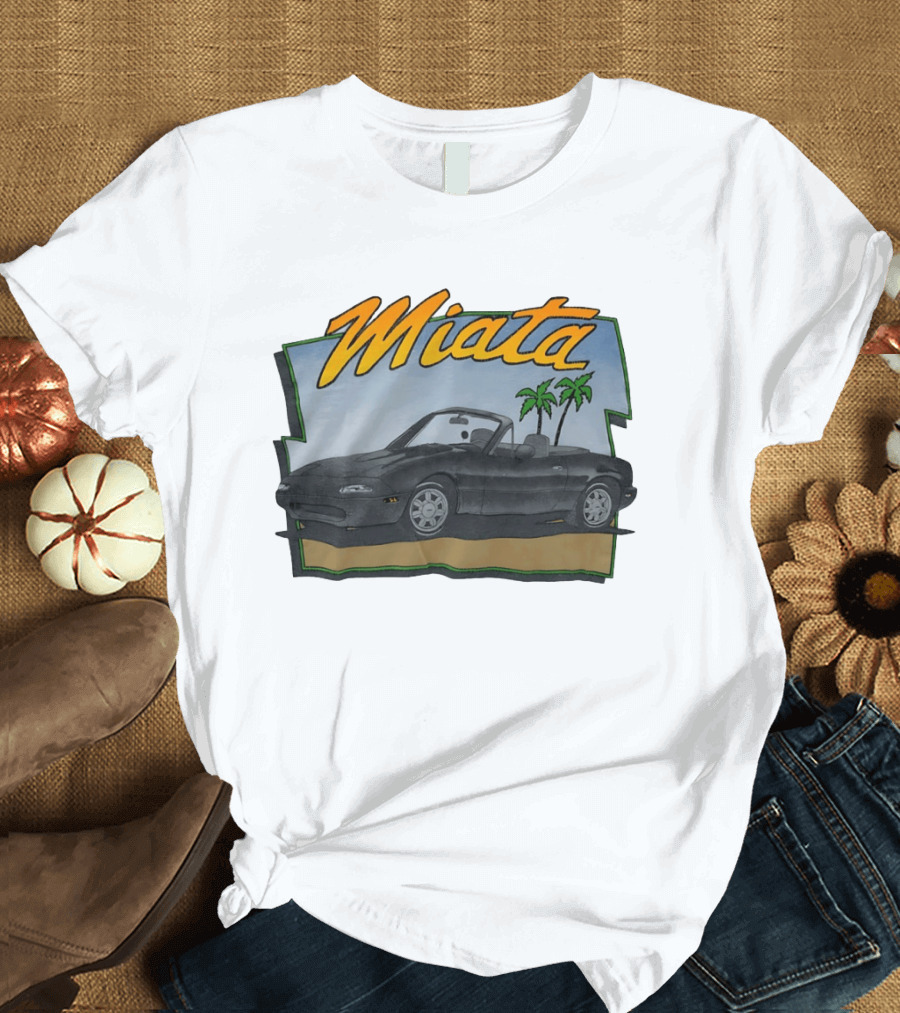 Miata Mazda NA Roadster Convertible With Palm Trees Beach Scene T-Shirt