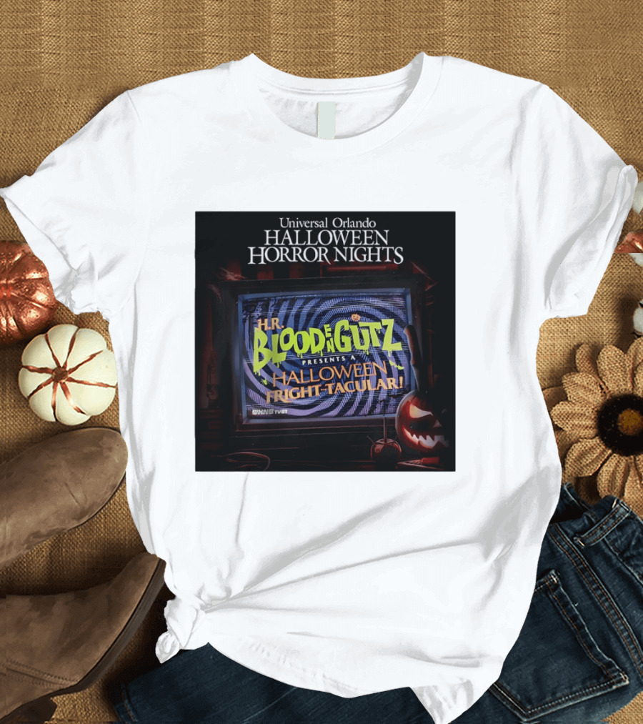 Universal Orlando Halloween Horror Nights HR Blood N Gutz Presents A Halloween Fright Tacular TV Experience T-Shirt