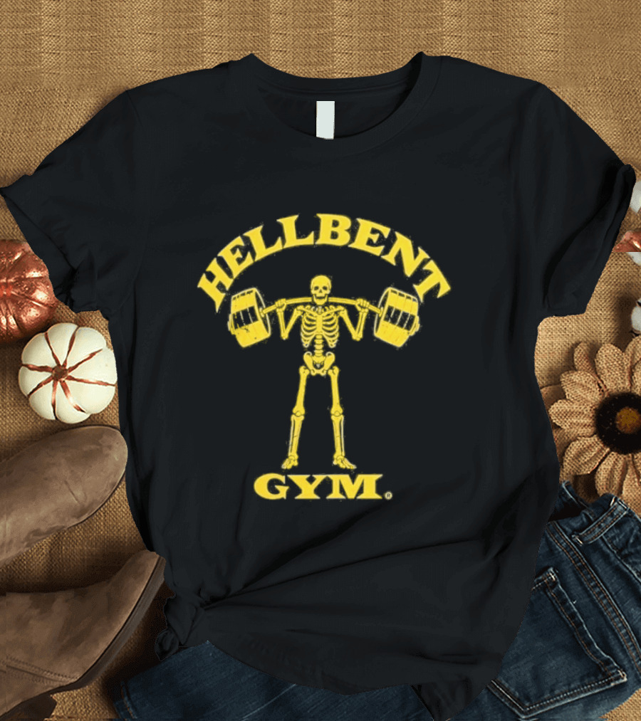 Hellbent Gym Skeleton Lifting Weights Yellow T-Shirt
