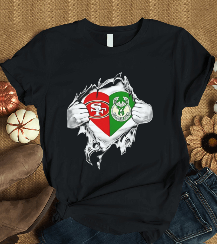 Milwaukee Bucks San Francisco 49ers Heart Scratch T-Shirt