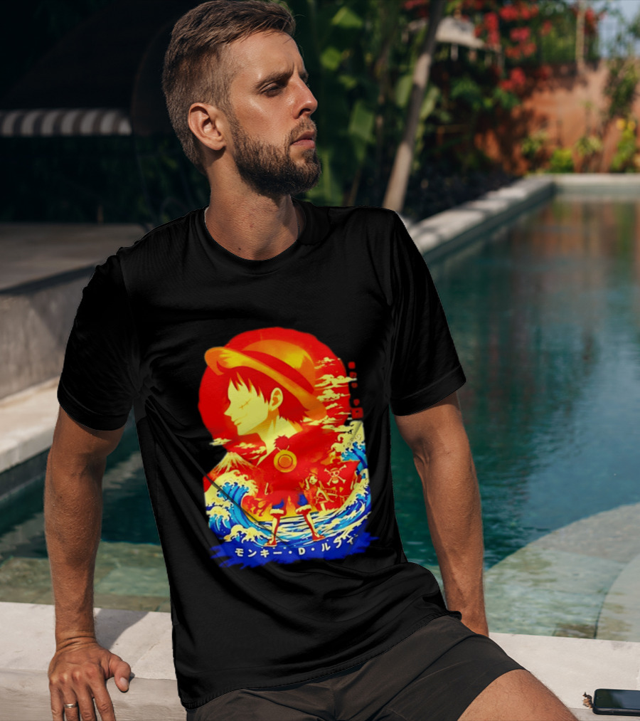 Monkey D. Luffy Straw Hat Waves Japanese Text One Piece Anime T-Shirt