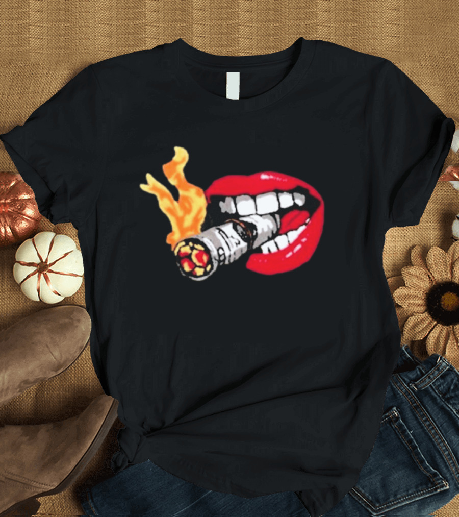 Flaming Smoking Money Lips Chenille T-Shirt