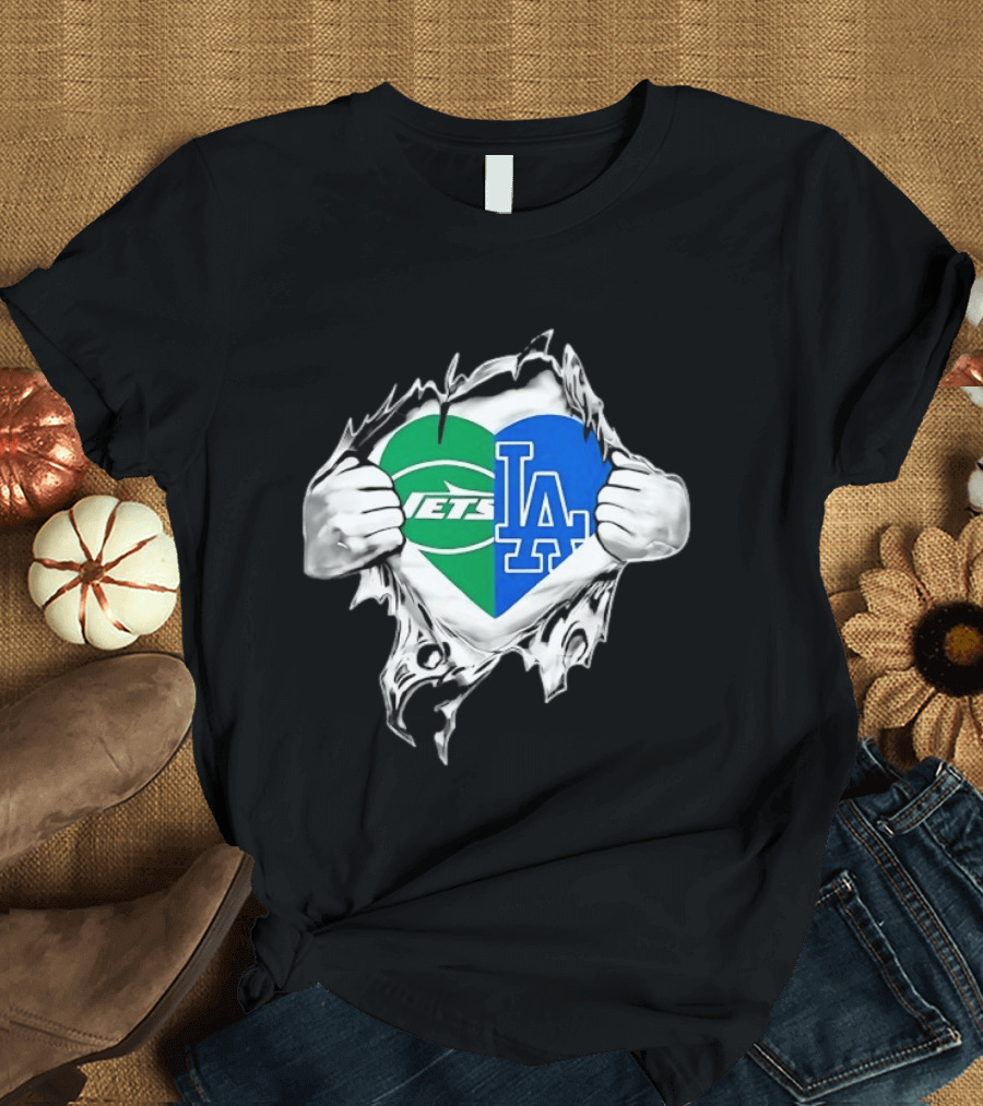 New York Jets Los Angeles Dodgers Heart Scratch T-Shirt