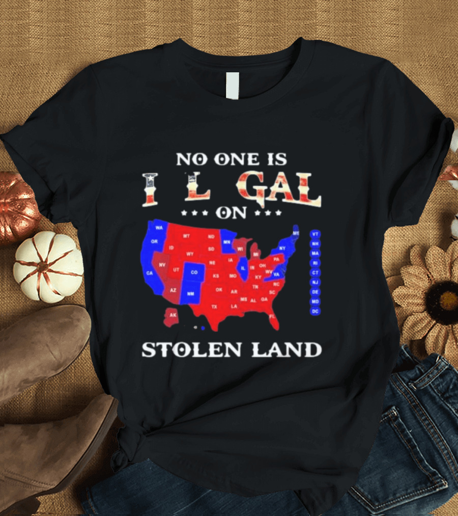 No One Is Illegal On Stolen Land USA Map Red And Blue States T-Shirt