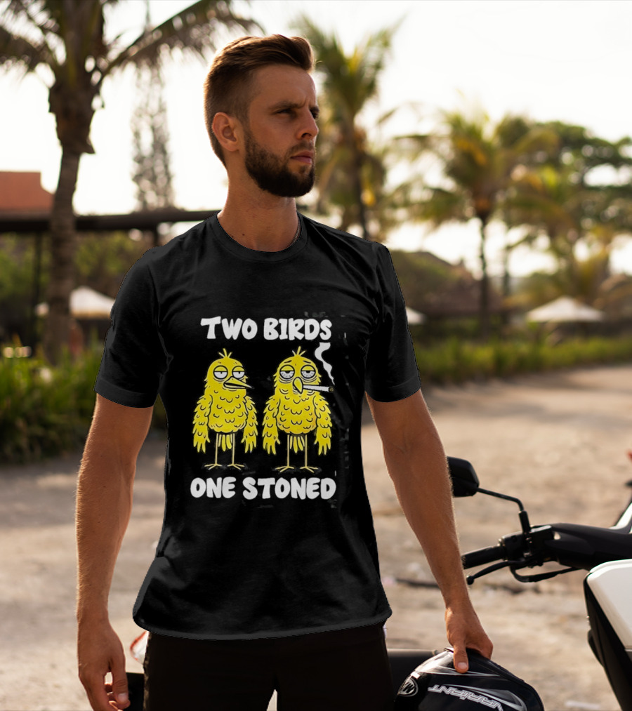 Two Birds One Stoned Smoking Cartoon Humor T-Shirt