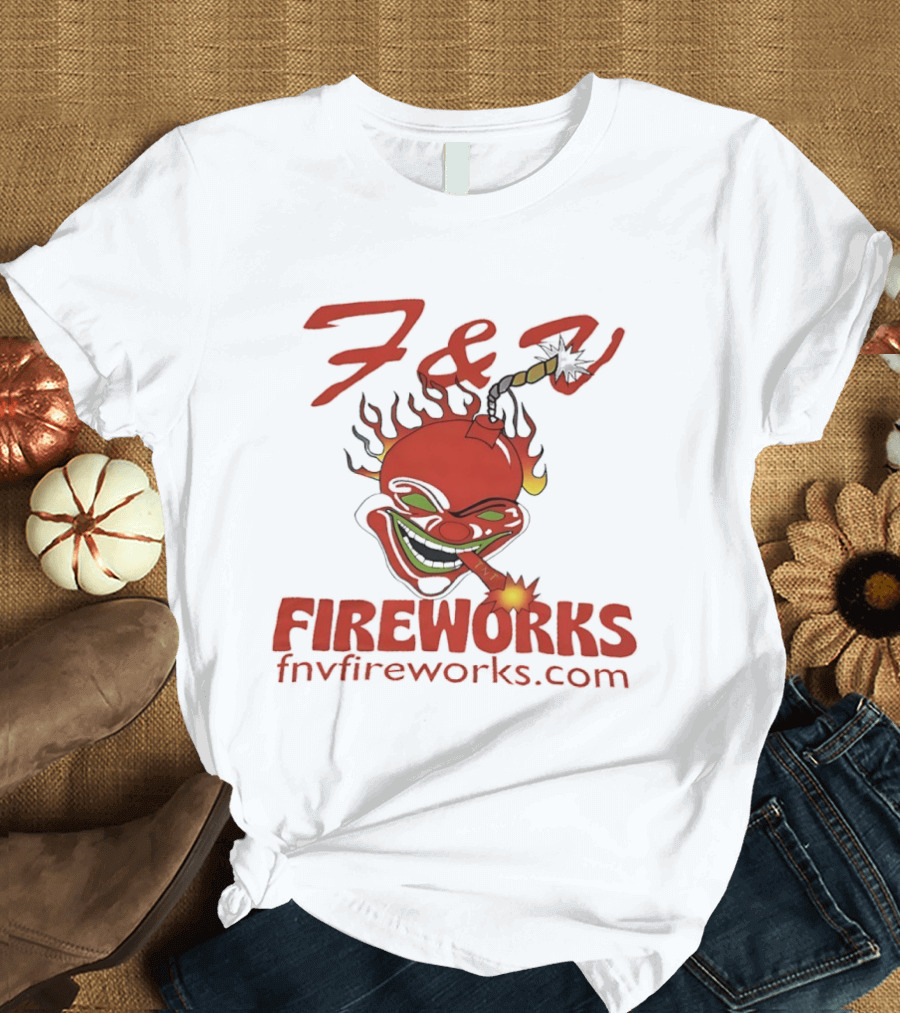 F & V Fireworks Clown Logo With Lit Firecracker And Fnvfireworks.com T-Shirt