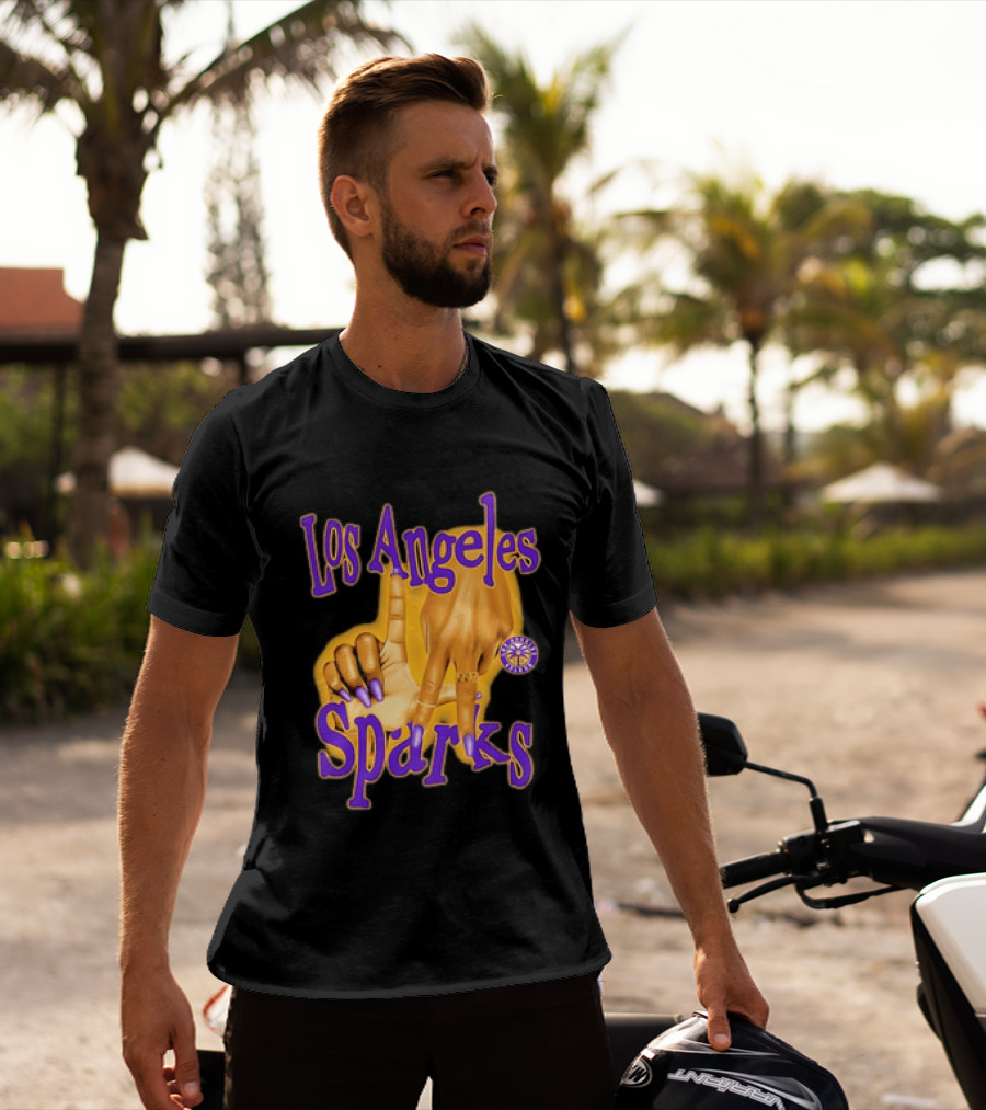Los Angeles Sparks WNBA Finger Gesture Purple Ink Sketch T-Shirt