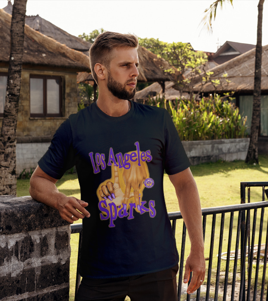 Los Angeles Sparks WNBA Finger Gesture Purple Ink Sketch T-Shirt