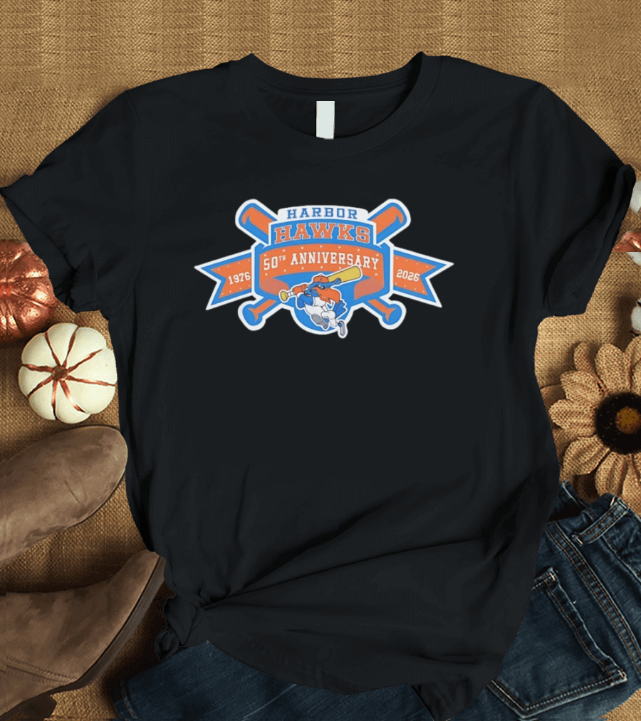 Harbor Hawks 50th Anniversary 1976 2026 Baseball Team Vintage Logo Celebration T-Shirt