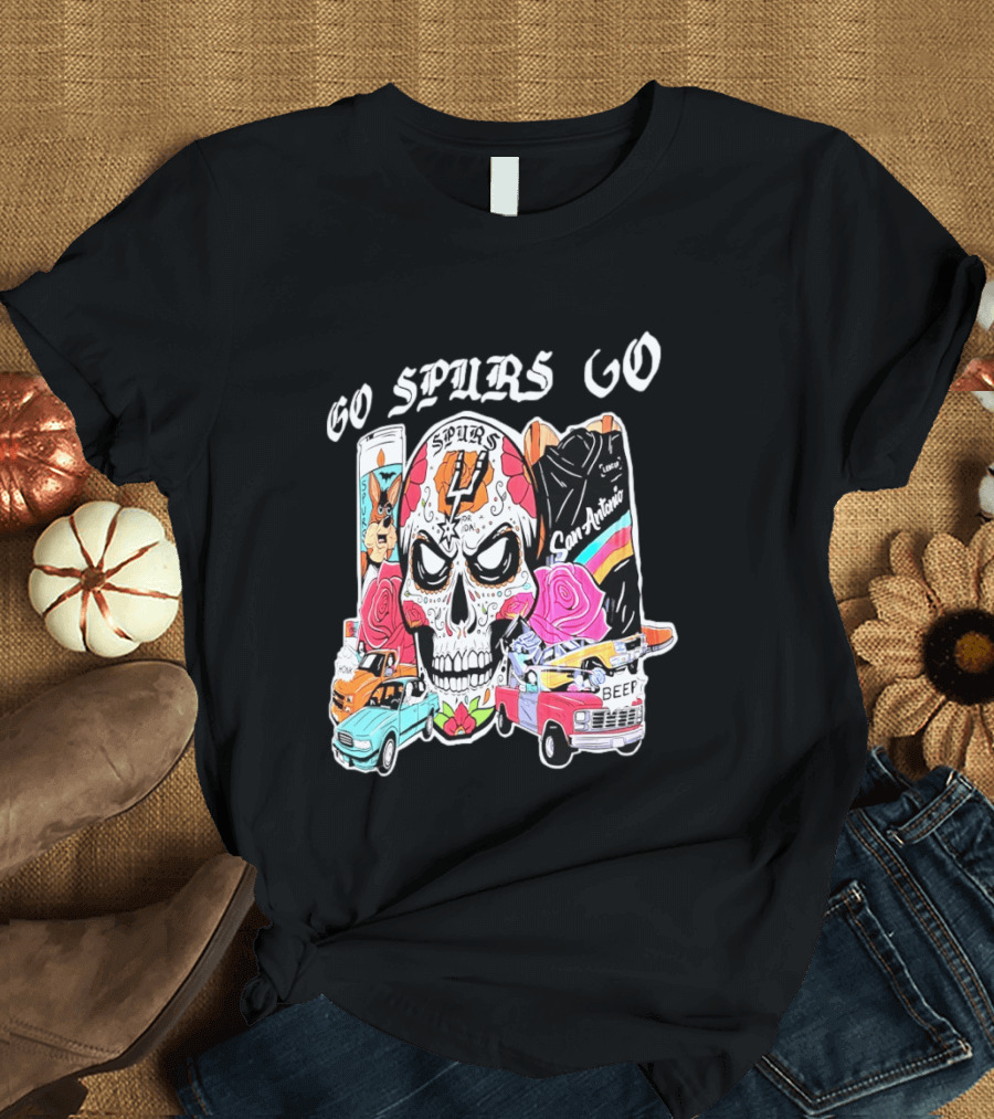San Antonio Spurs Sugar Skull Go Spurs Go Vintage Cars Roses T-Shirt