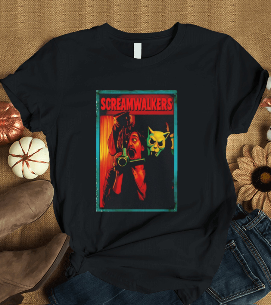 Screamwalkers Horror Movie With Camera And Masked Figure T-Shirt