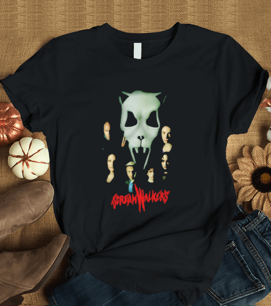 Screamwalkers Movie Cast Ensemble With Giant Mask Horror Faces T-Shirt