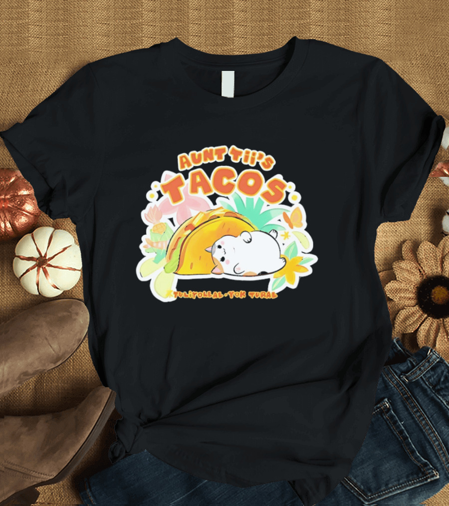 Aunt Tii's Tacos Cat Tulitollal Yok Tural Vibrant Fiesta Floral Burst T-Shirt