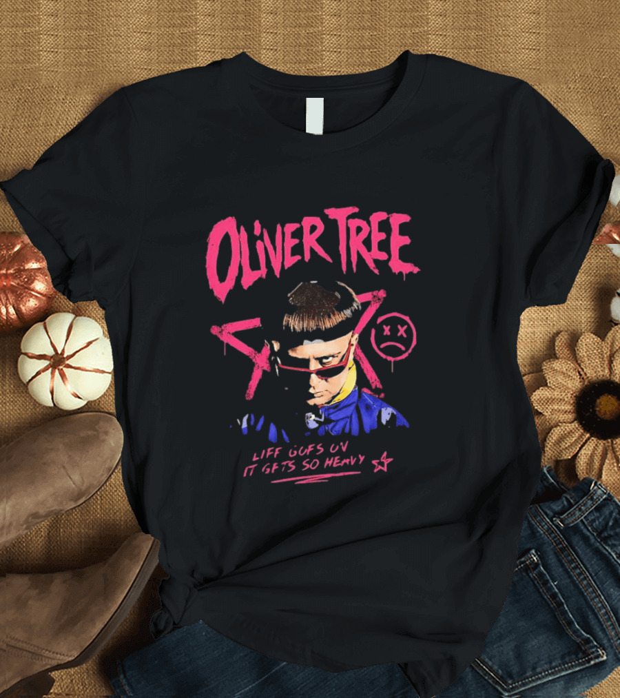 Oliver Tree Life Goes On It Gets So Heavy X Symbol Pink Text Sad Face T-Shirt