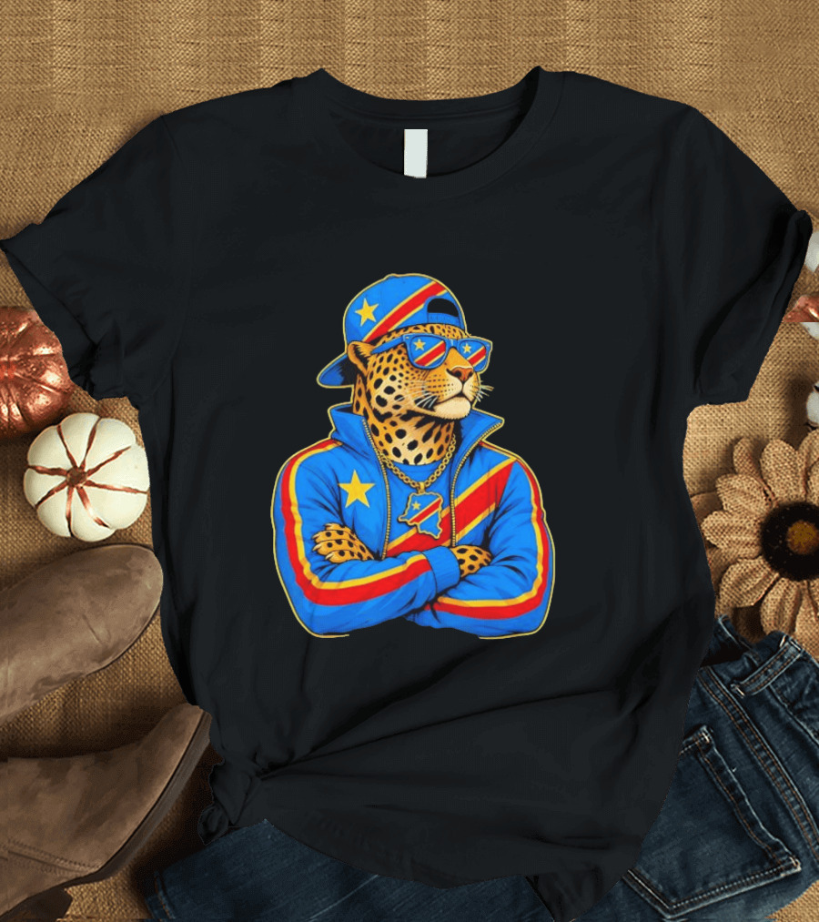 DR Congo Flag Colors Leopard In Hip Hop Style Outfit T-Shirt