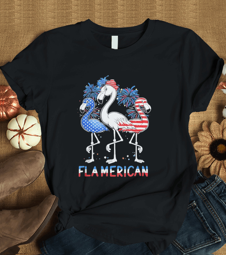 Flamerican Flamingo Fireworks Patriotic Fourth Of July T-Shirt