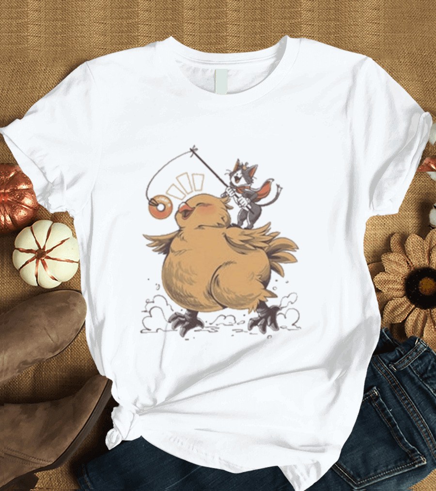 Chocobo Riding Cat Wizard With Donut Lure Delight T-Shirt