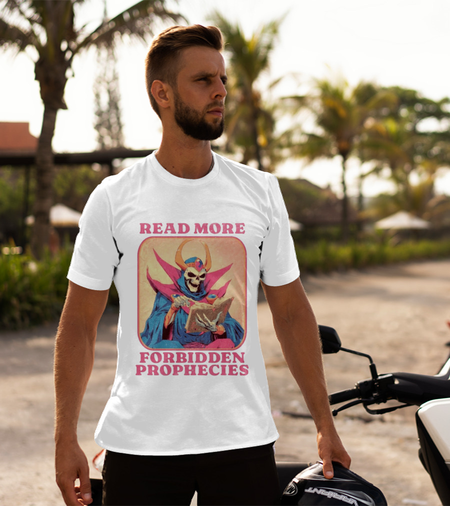 Read More Forbidden Prophecies Skeleton Cloaked Figure Holding Book T-Shirt