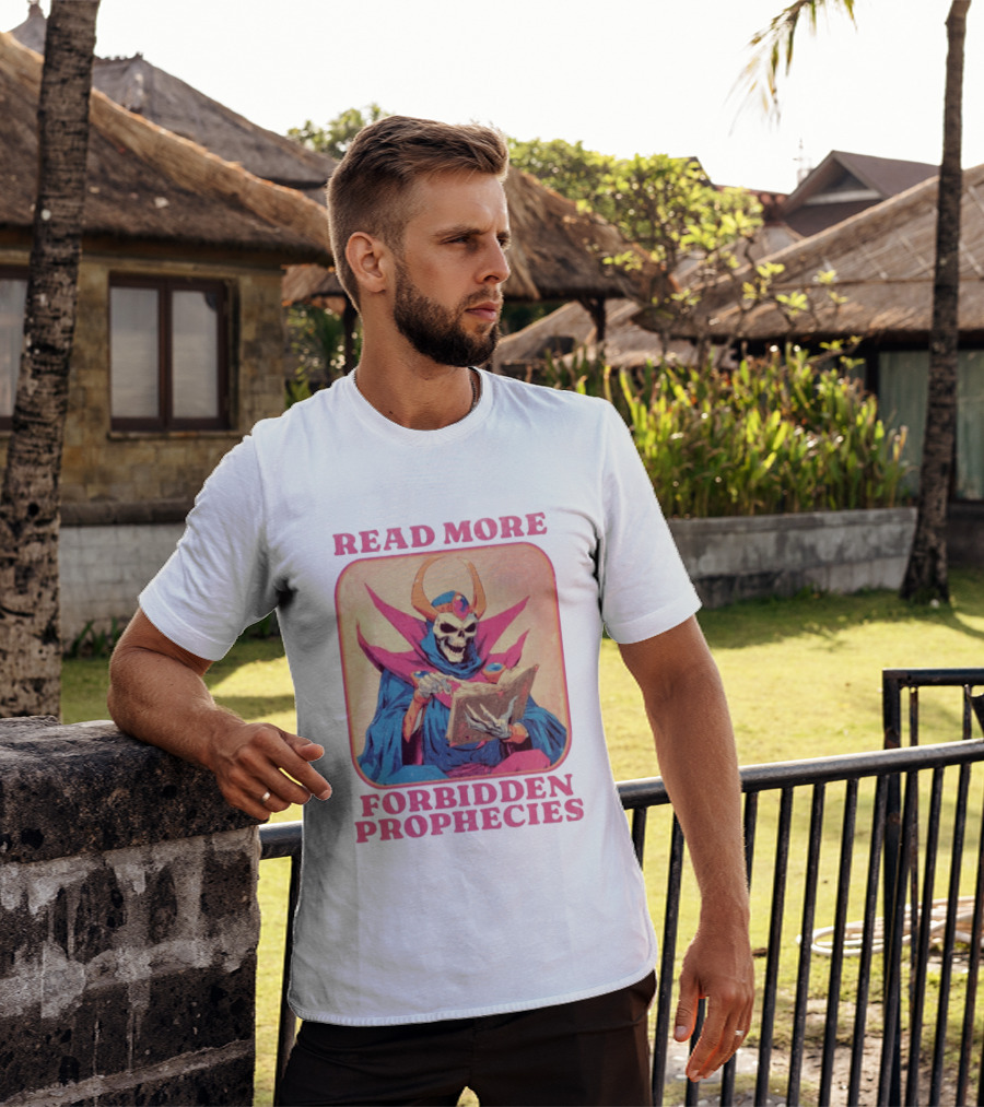 Read More Forbidden Prophecies Skeleton Cloaked Figure Holding Book T-Shirt