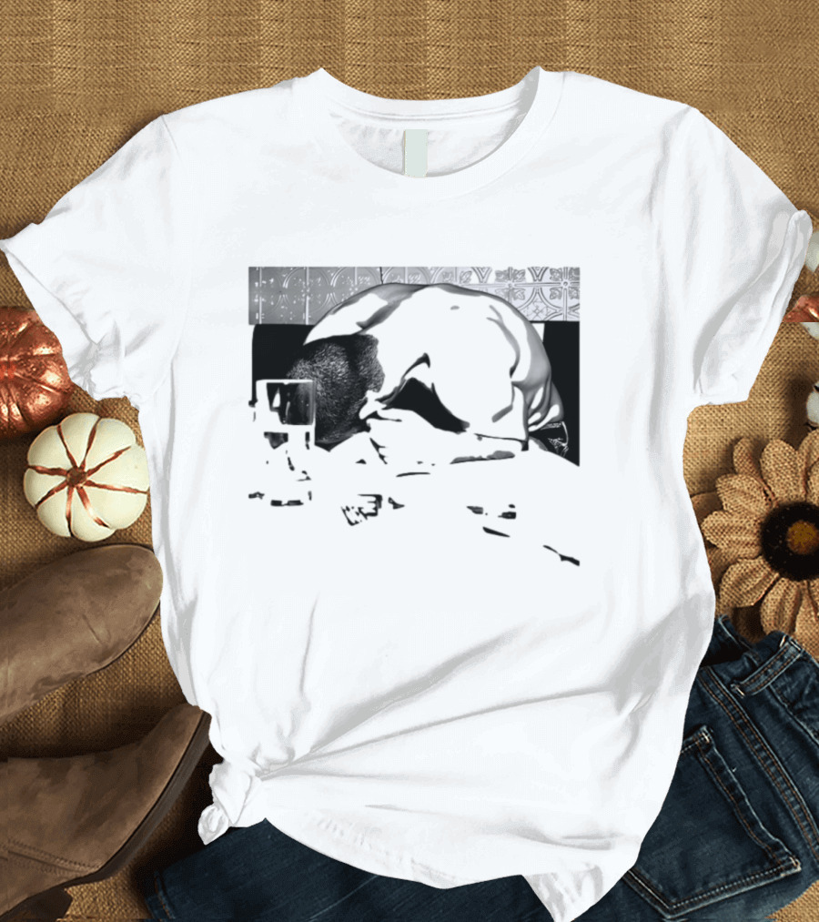 Rough Night Passed Out At Dinner Table Humor Black And White Image T-Shirt