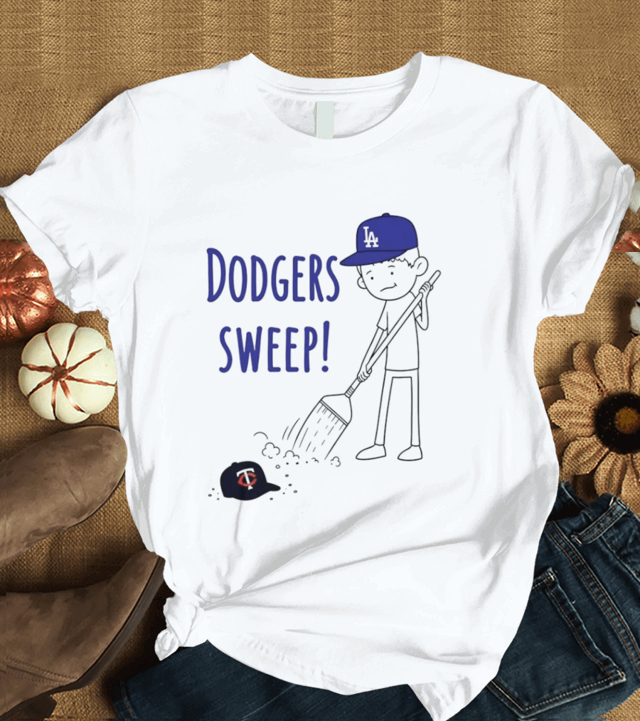 Dodgers Sweep Cartoon Figure In LA Cap Broom Action T-Shirt