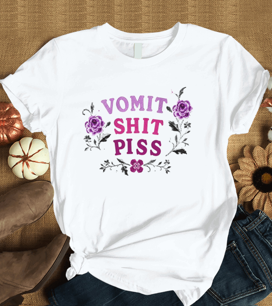 Vomit Shit Piss Floral Embroidery Roses T-Shirt