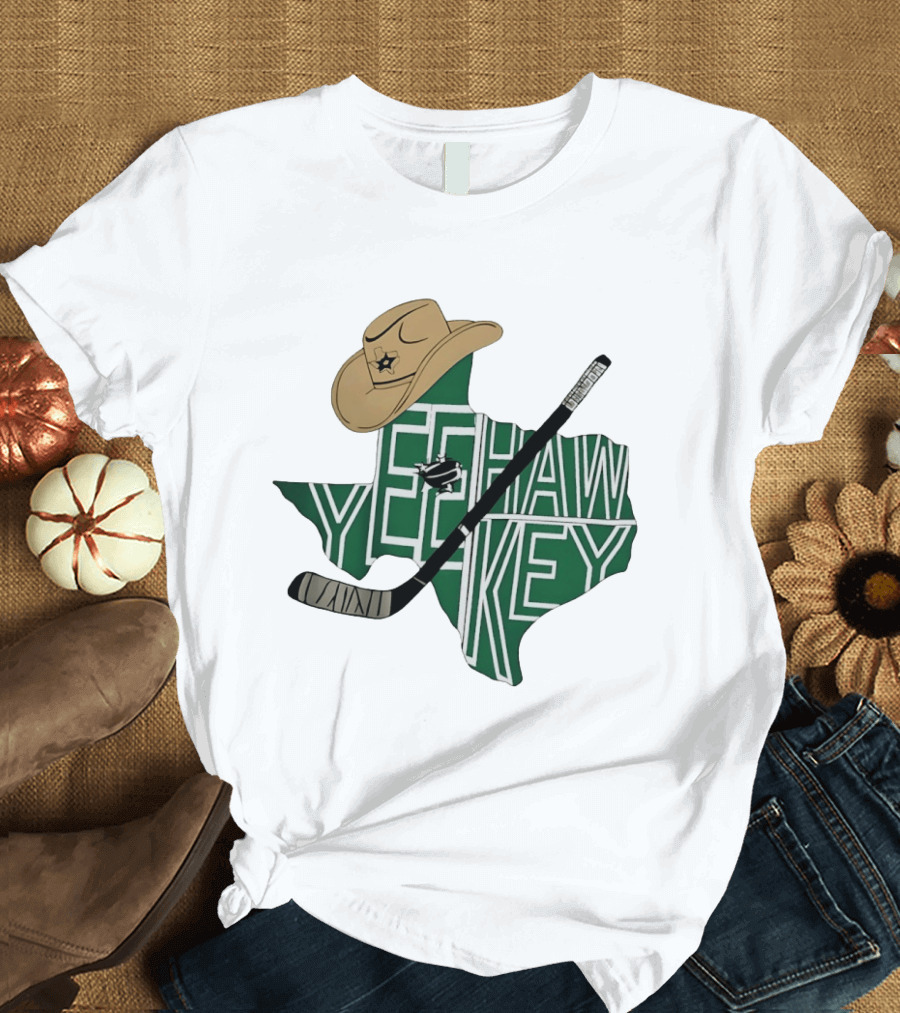 Yeehaw Key Texas Hockey Dallas Stars NHL Cowboy Hat Hockey Stick Map T-Shirt